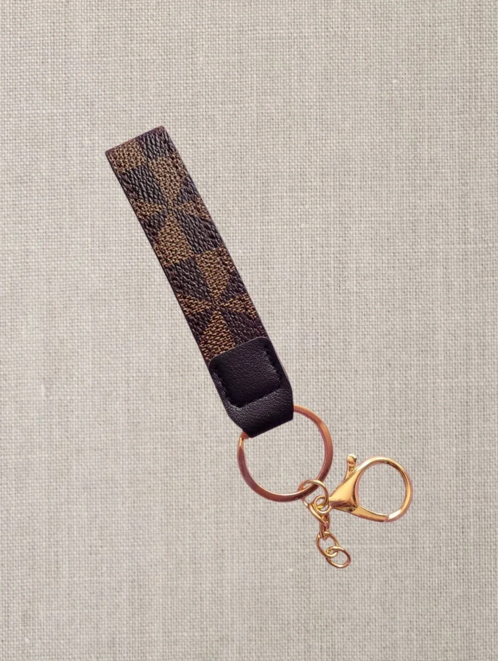 Brown Check Wristlet Keychain with Gold Hardware